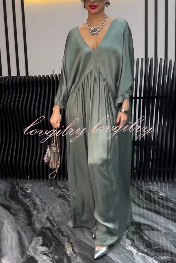 Satin Solid Color V-neck Lotus Leaf Sleeve Loose Pleated Maxi Dress