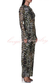 Wild As They Come Mesh Leopard Long Sleeve Stretch Maxi Dress