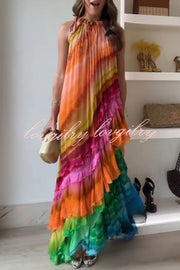 Rosha Georgette Crepe Tie-dye Print Layered Ruffles A-line Maxi Dress