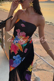 Island Girl Era Floral Print Tassel Trim Bandeau Stretch Midi Dress