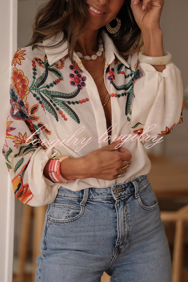Botanical Print Loose Lapel Long Sleeve Casual Shirt