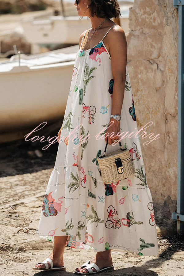 Summer Fashion Unique Print Round Neck Suspender Backless Midi Dress