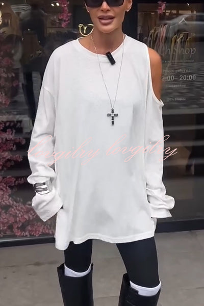 Various Ways Cutout Shoulder Long Sleeve Side Button Relaxed T-shirts