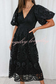 Solid Color V-neck Waist Slim Fit Hollow Lace Maxi Dress