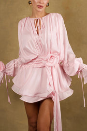Solid Color Long Sleeve V-Neck Lace-Up Elegant Flower Decorated Mini Dress