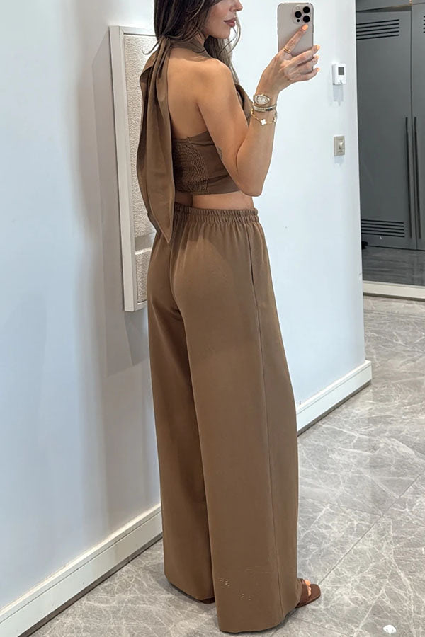 Noellie Cross Halter Neck Smocked Tank and Elastic Waist Pocketed Wide Leg Pants Set