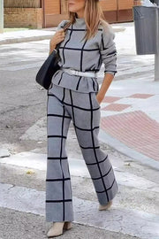 Fashionable Plaid Turtleneck Long Sleeve Top and Elastic Waist Tie Pocket Pants Set