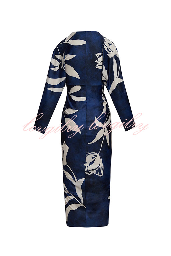 Caliana Unique Print Dolman Long Sleeve Ruched Slit Midi Dress