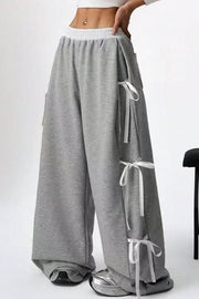 Fashion Elastic Waist Side Bow Casual Straight Wide-leg Pants