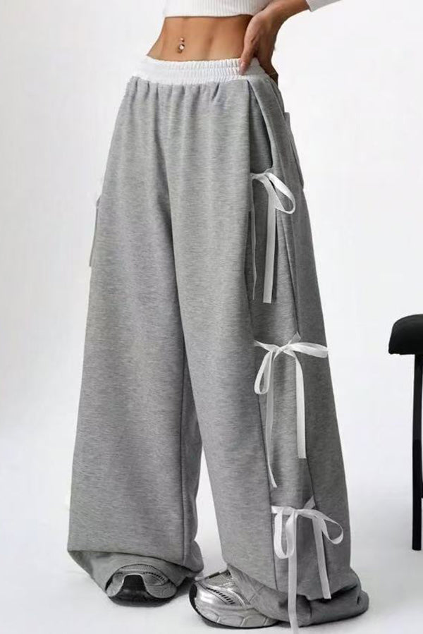 Fashion Elastic Waist Side Bow Casual Straight Wide-leg Pants