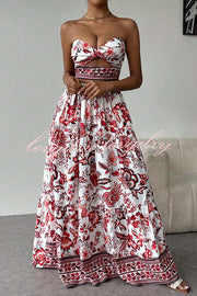 Floral Print Cutout Bandeau Top and Elastic Waist Full Maxi Skirt Set