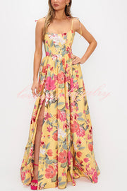 Garden Wedding Floral Print Back Tie-up Pocketed Slit Maxi Dress