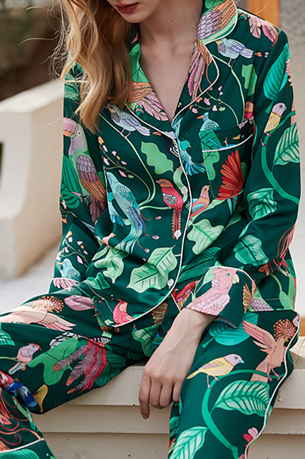 Green Parrot Print Home Long Sleeved Two-piece Set