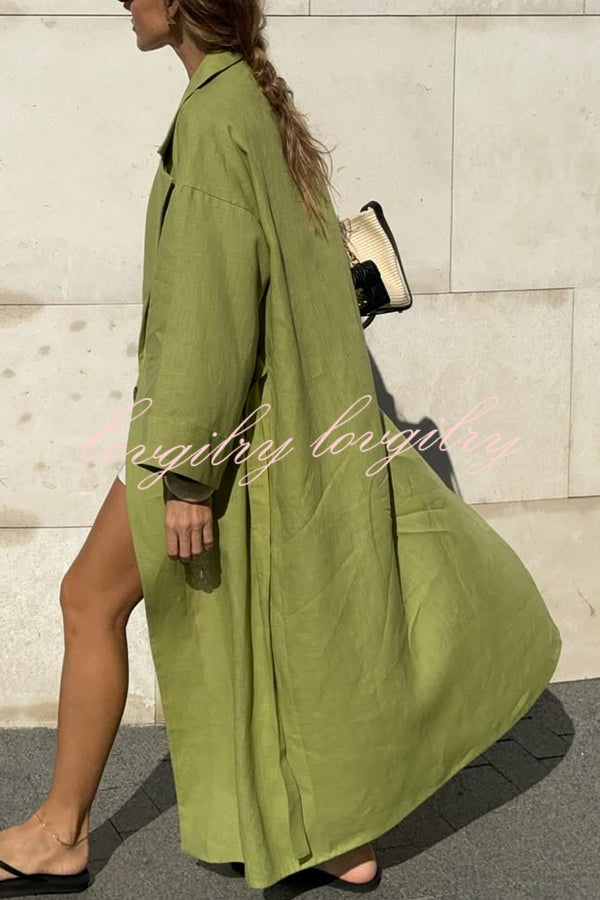 Linen Blend Solid Color Casual Lapel Tie Loose Maxi Dress