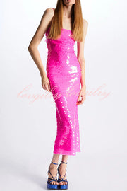 Glamour Glow Sequin Spaghetti Strap Birthday Party Midi Dresses