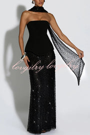 Oakley Corset Strapless Top and Sequin High Rise Maxi Skirt Scarf Set
