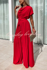 Ivy Cowl Neck Short Sleeve Belt Pleated Loose Wide Leg Jumpsuit