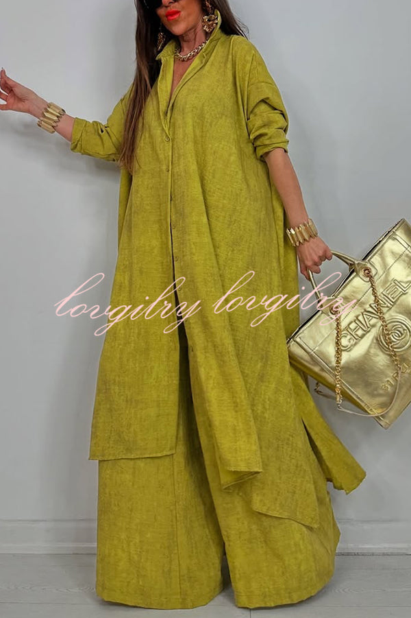 Solid Color Casual Loose Long Shirt and Elastic Waist Pocket Wide Leg Pants Set
