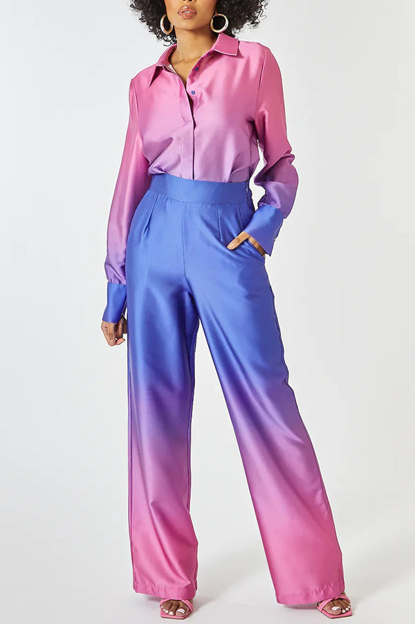 Gradient Long-sleeved Shirt Top and Loose-fitting Pocket Straight-leg Pants Set