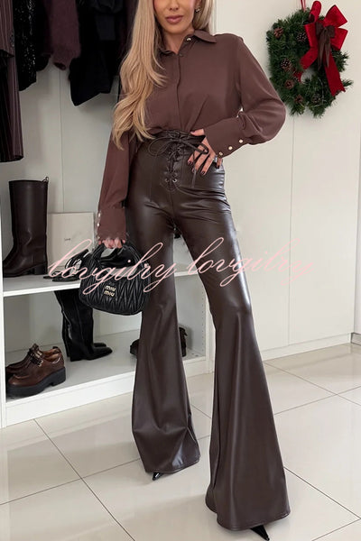Stylish Faux Leather High Waist Lace-up Back Zipper Flare Stretch Pants