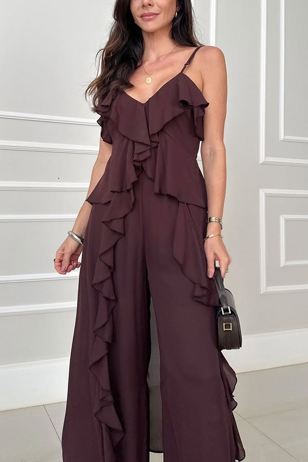 Agnes Chiffon Ruffle Front Slit Midi Slip Top and Elastic Waist Pocket Loose Pants Set