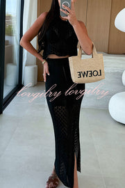 Solid Color Sleeveless Hollow Knit Crop Top and Elastic Slit Slim Midi Skirt Set