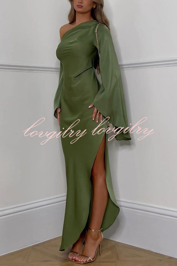 Zayla Satin Asymmetrical One Shoulder Bell Sleeve Slit Maxi Dress