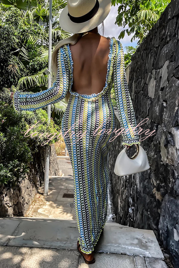 Ruffled Backless Long-sleeved Wavy Striped Beach Resort Maxi Dress