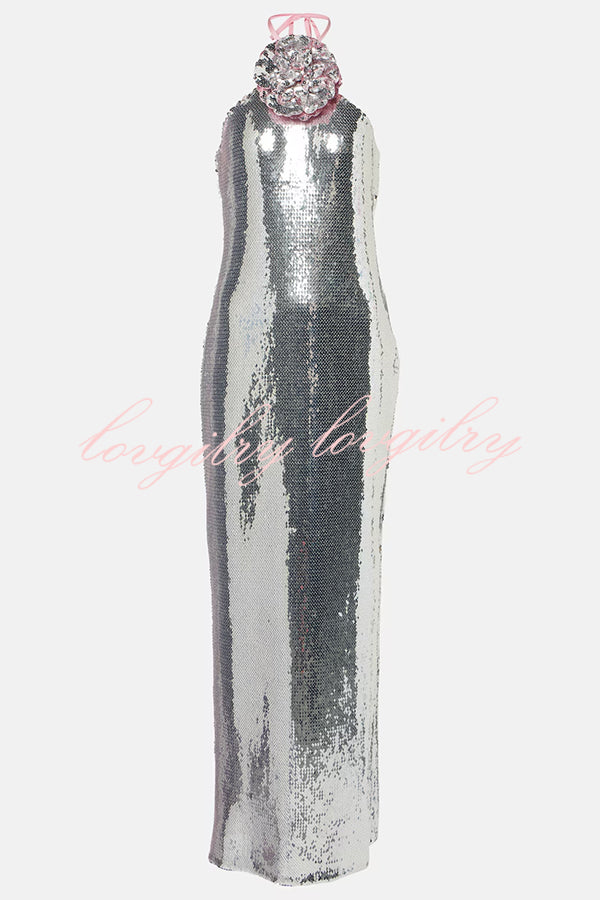 Moonlit Blooms Sequin Floral-appliqué Halter Neck Slit Gown Maxi Dress