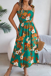 Plant Print Suspenders Pleated Holiday Beach Midi Dress