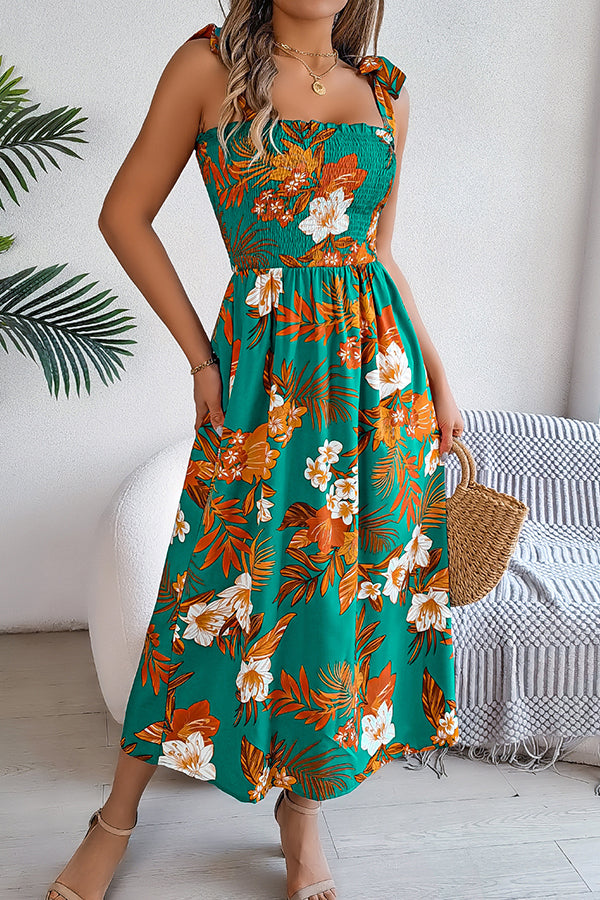 Plant Print Suspenders Pleated Holiday Beach Midi Dress