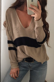 Fashionable Patchwork V-neck Long-sleeved Knitted Sweater