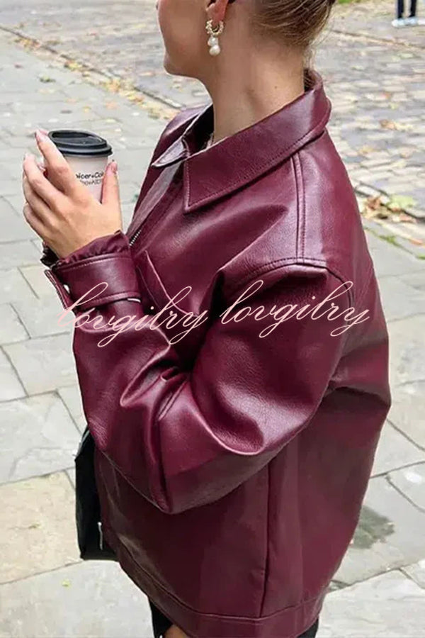 Y2K Burgundy Faux Leather Pocketed Zipper Loose Jacket