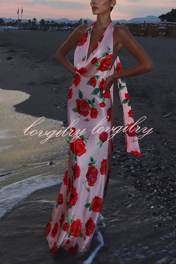 Rose Print Sexy Halter Neck Strappy Backless Slim Fit Maxi Dress