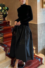 Solid Color Velvet Patchwork High Neck Long Sleeve Maxi Dress