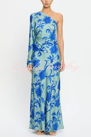 Satin Botanical Print One-Sleeve Resort Maxi Dress