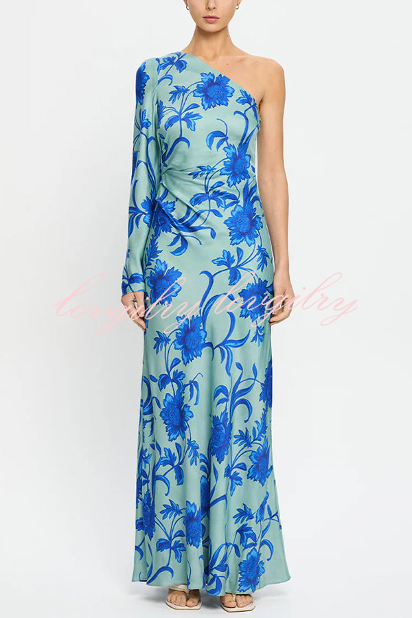 Satin Botanical Print One-Sleeve Resort Maxi Dress