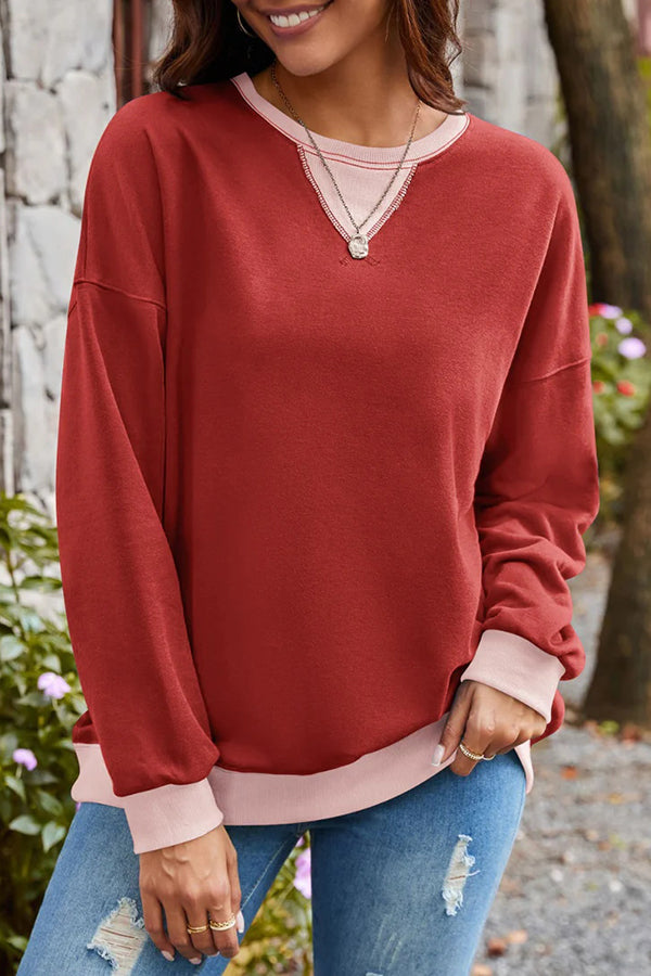 Fashionable Contrasting Color Loose Long-sleeved Casual Sweatshirt