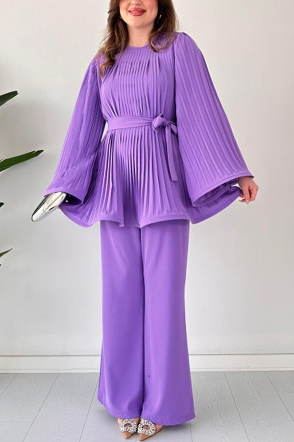 Solid Color Round Neck Flared Sleeve Pleated Tie Waist Top and Elastic Waist Casual Straight Pants Set