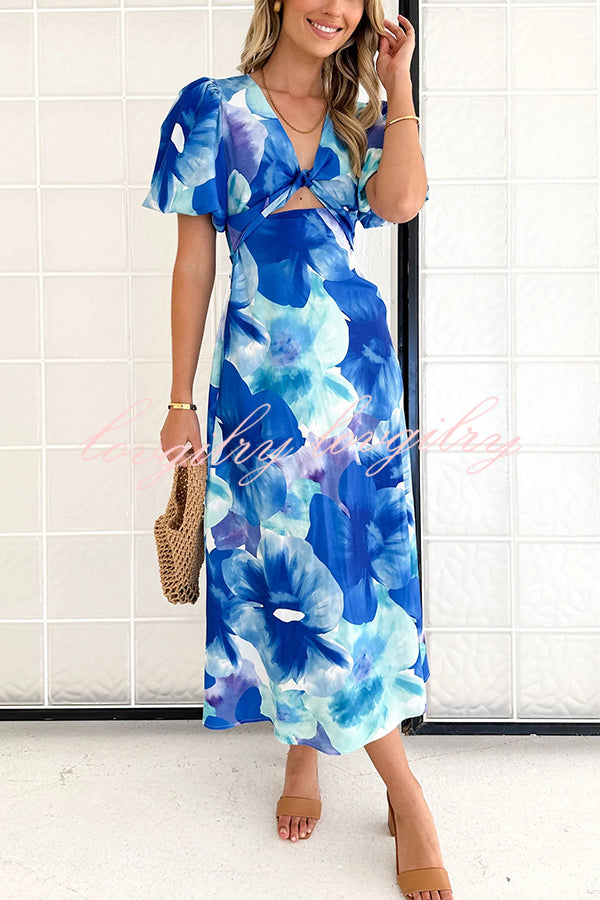 Sophia Floral Print Satin Puff Sleeve Twist Front Cutout Midi Dress