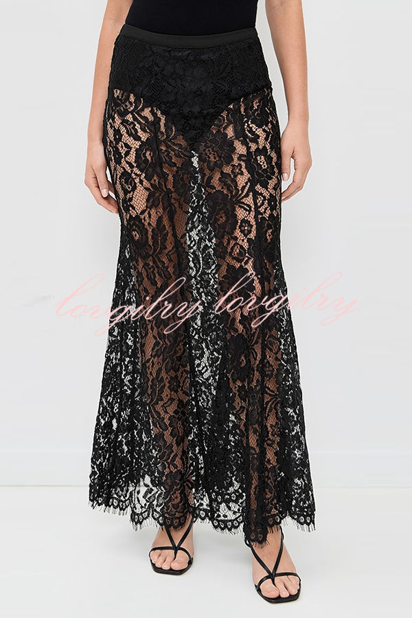 Make An Entrance Floral Stretch Lace Mid Rise Flare Maxi Skirt