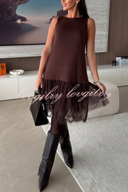 Upper East Chic Tulle Lace Tiered Hem Stretch Tank Midi Dress