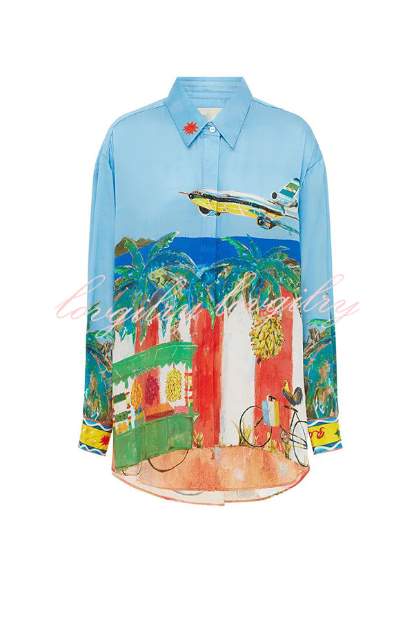 Vacation Flights Satin Unique Print Button Down Oversized Blouse