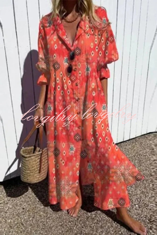 Unique Print Gathered Loose Casual Midi Dress