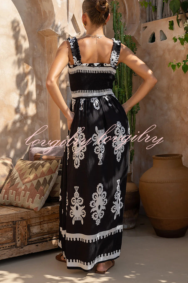 National Boho Style Unique Print Smocked Bust Wide Strap Pocket Maxi Dress