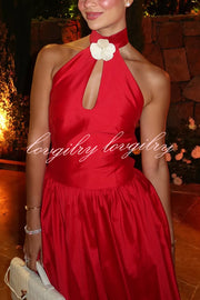 Festive Red Satin Floral Details Open Back Halter Elastic Waist Maxi Dress