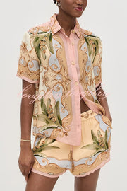 Royalty Unique Print Button Up Short Sleeve Shirt and Elastic Waist Pocketed Loose Shorts Set