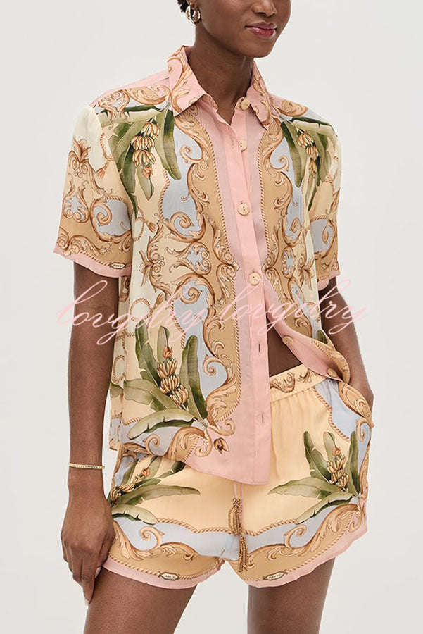 Royalty Unique Print Button Up Short Sleeve Shirt and Elastic Waist Pocketed Loose Shorts Set