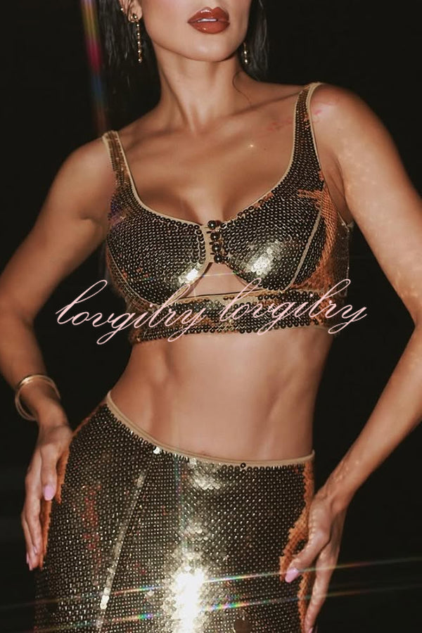 Party Sequin Button Crop Tank and Irregular Round Sequin Tassels Hem Maxi Skirt Set