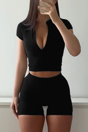 Fashionable Sports Yoga Style V-neck Crop Top and Stretch Slim Shorts Set